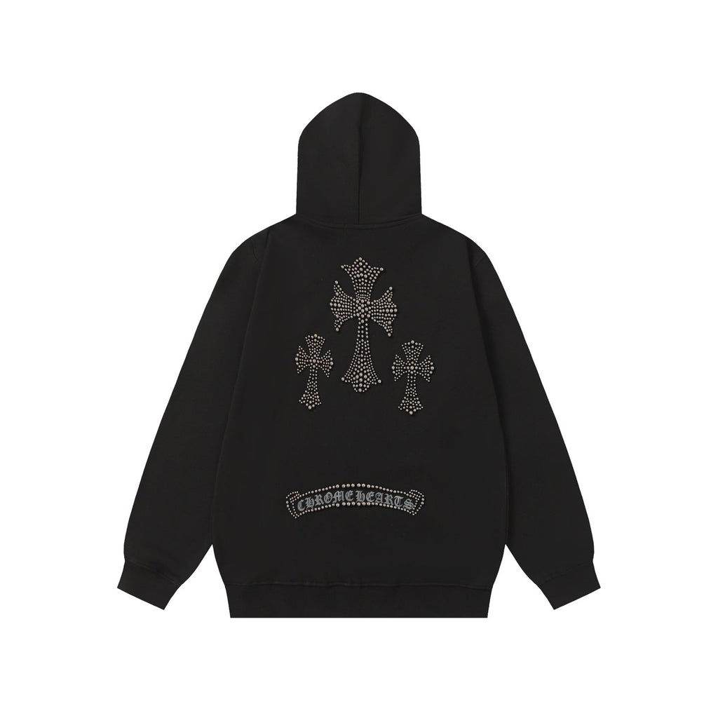 Chrome-Hearts Rhinestone Cross Hoodie - Black Gothic Streetwear Sweatshirt 2633