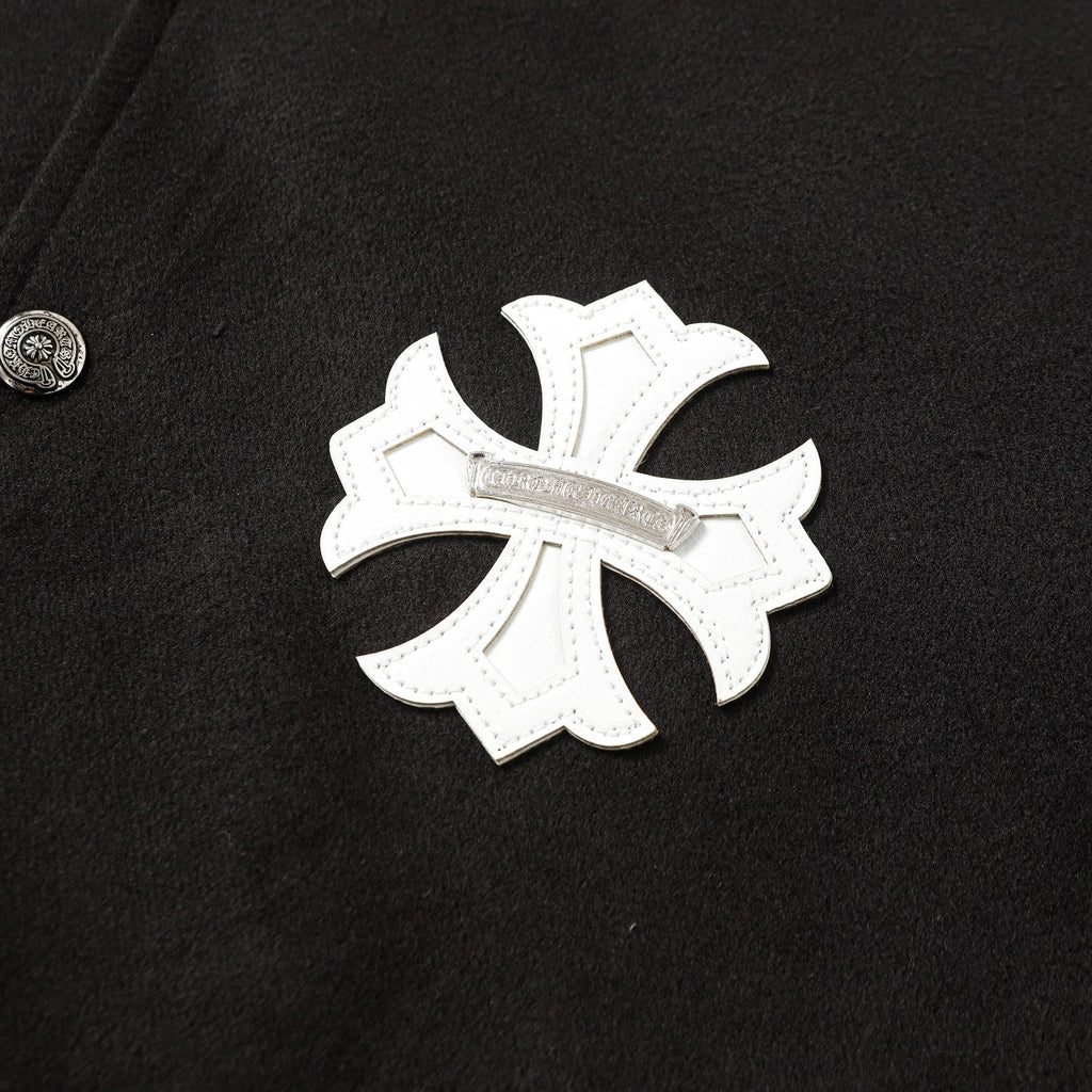 Chrome-Hearts Cross Embroidered Leather Sleeve Varsity Jacket - Black Street Style 116