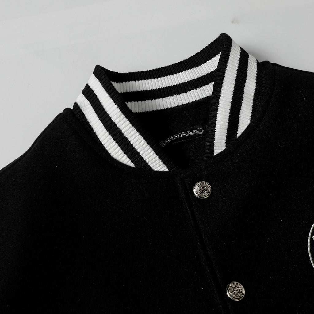 Chrome Hearts Layered Cross Varsity Jacket - Black White Street Style Outerwear 2208