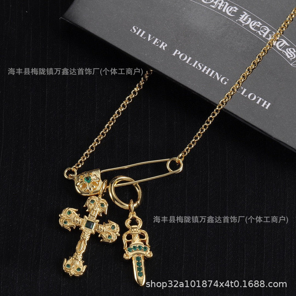 Chrome Hearts gold diamond cross flame sword necklace