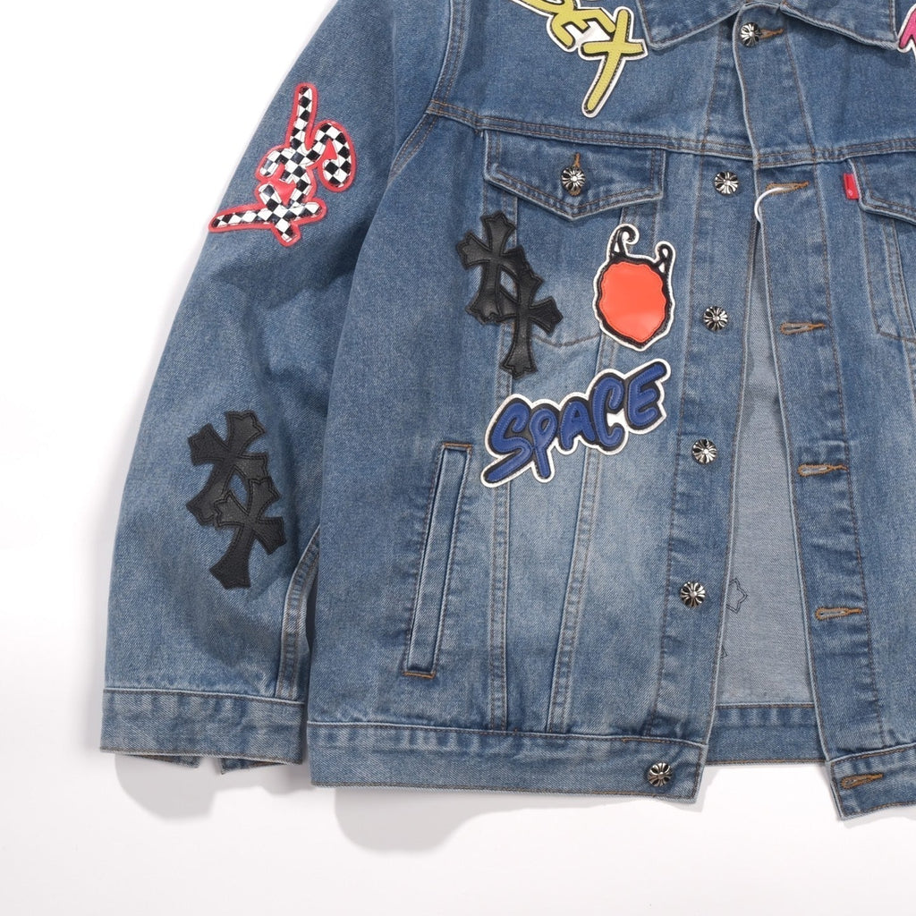 Chrome-Hearts Patchwork Denim Jacket - Vintage Blue Gothic Street Jacket 0789