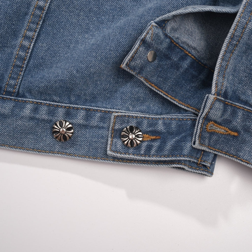 Chrome-Hearts Patchwork Denim Jacket - Vintage Blue Gothic Street Jacket 0789